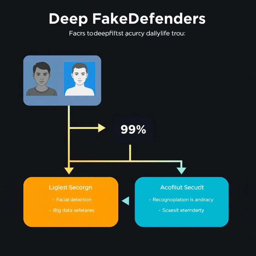 एक वर्कफ़्लो आरेख से पता चलता है कि डीपफेक डिटेक्टिंग टूल 99%की उच्च मान्यता सटीकता प्राप्त करने के लिए डीपफेक्डफेंडर्स के चेहरे का पता लगाने और बिग डेटा सुरक्षा तकनीक को जोड़ती है।