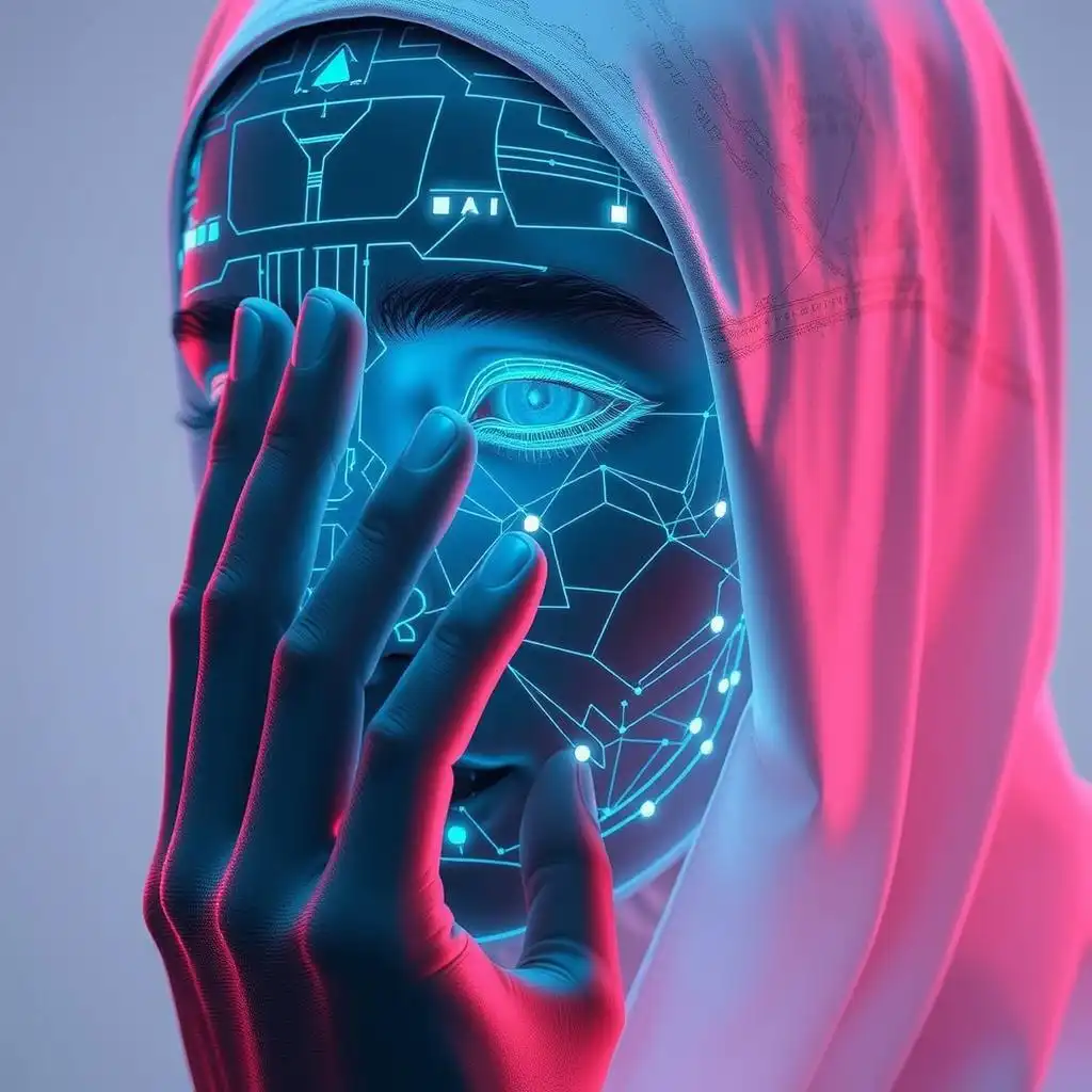 Artificial intelligence is analyzing a face obscured by a hand, and advanced recognition algorithms are visualized as holographic lines.