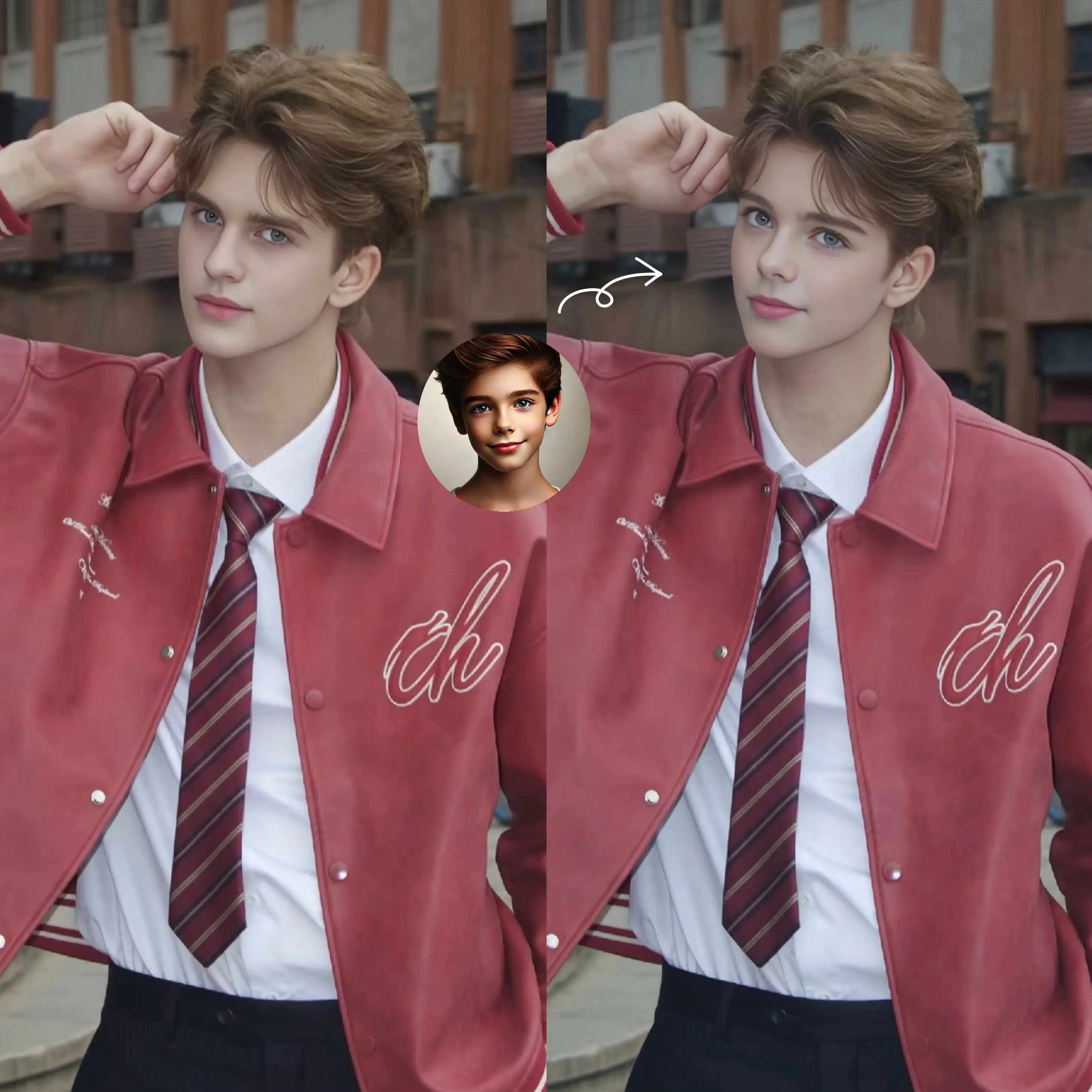 Replace the boy's face with the face of the handsome man in the red jacket.