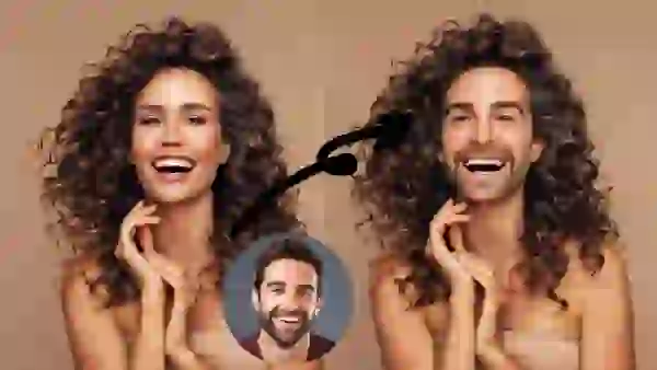 On the left, there's a cute smiling girl with wavy black hair, and after swapping faces with SwapFace on the right, her wavy hair and smile stay the same!