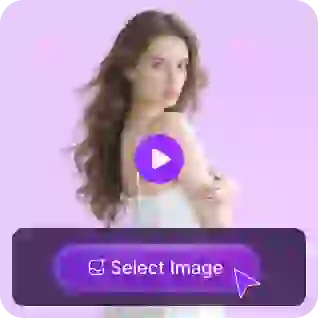 A woman with long wavy hair in a white dress, with a purple play button overlay and a 'select video' button, used as a material in video face swap tutorial.