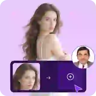 A woman with long wavy hair in a white dress, with a sticker showing face swap process, used as a material in video face swap tutorial.