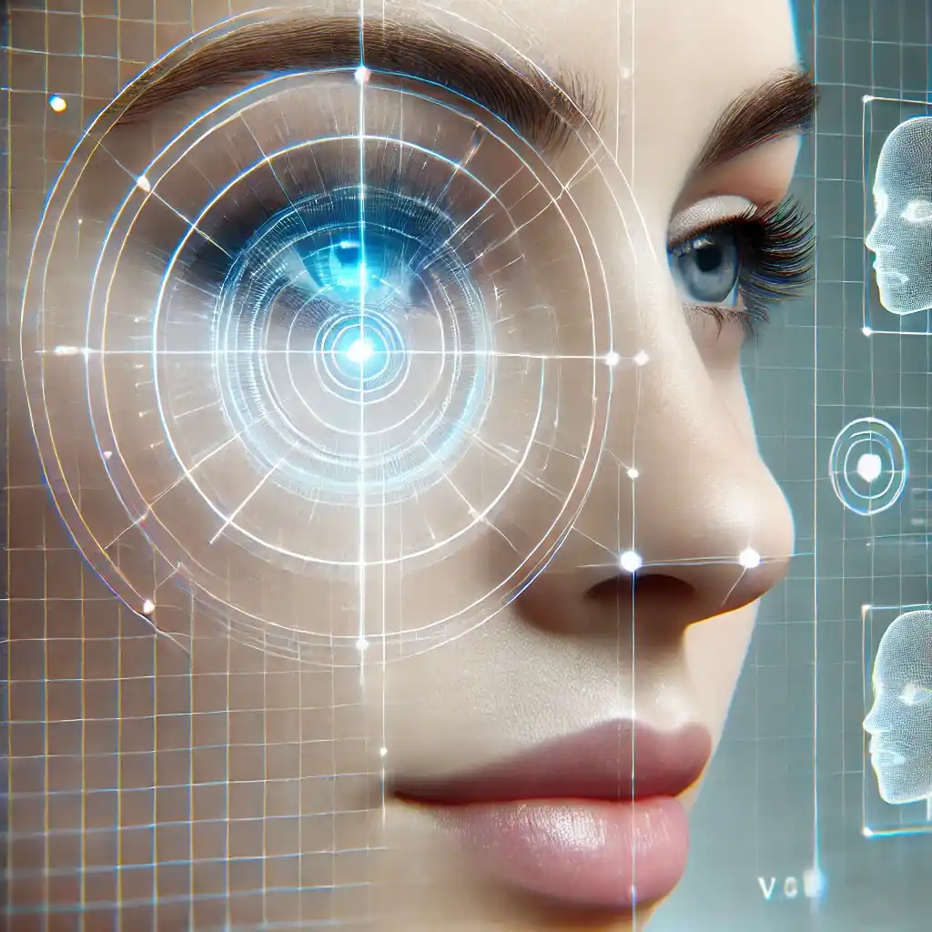 Close-up of a face with eyes open, surrounded by a high-tech interface showing key points and lines of the face