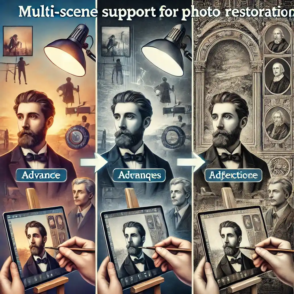 Três cenas, uma selfie com pouca luz sendo aprimorada, uma fotografia histórica em preto e branco sendo restaurado e uma pintura de arte obsoleta sendo restaurada