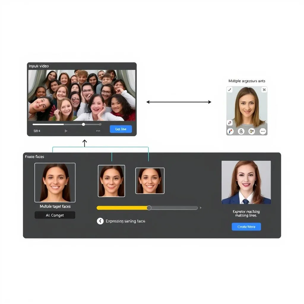 Ubegrenset video Face Swap Bruk AI -teknologi for å erstatte multipliseringsflater i video, og viser hele flerspillers ansiktsbytteprosess.