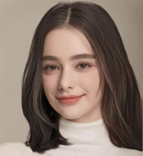 Woman in white turtleneck sweater has AI-generated flowing hair,showing  length extension.