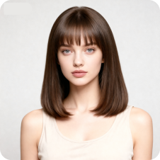 Woman with air bangs, used as a template for hair swap.