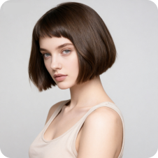 Woman with asymmetrical bob, used as a template for hair swap.