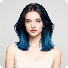 Woman with blue and black gradient clavicle hair, used as a template for hair swap.