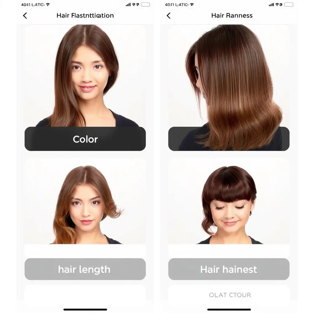 A interface de troca de cabelo do Swapper Hair, incluindo identificação de cabelo, cor do cabelo, comprimento do cabelo, seleção de penteado e espessura.