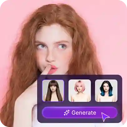 Image of a girl with wavy red hair, with a sticker showing hair swap process, used as a material in hair swap tutorial.