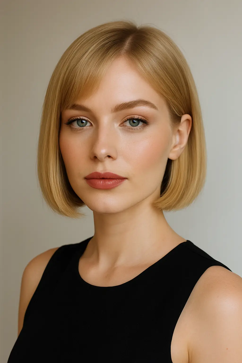 A sleek, short bob with clean, straight ends, sharp and stylish.
