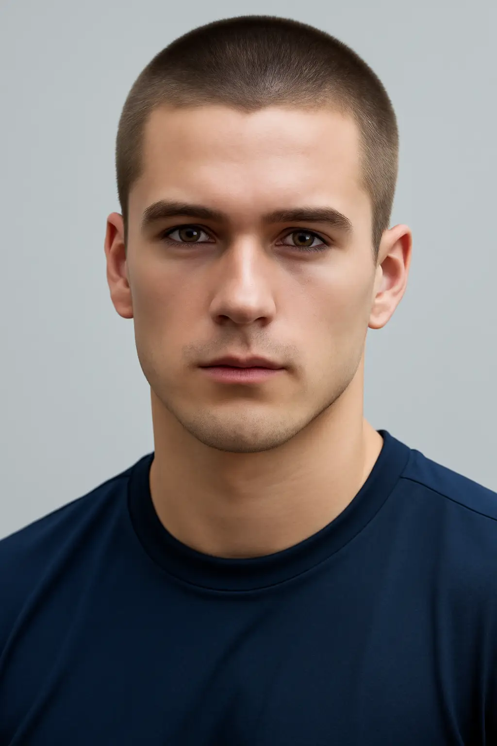 A sharp, close-cropped buzz cut highlights his strong jawline and intense expression.