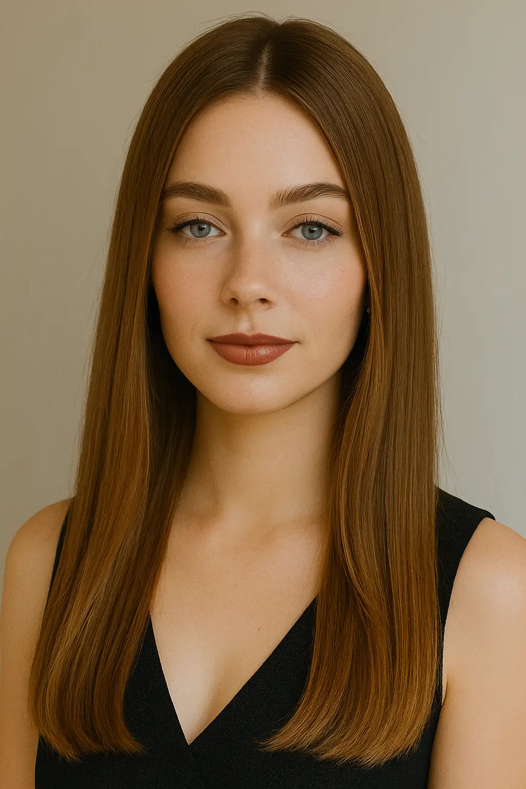 Straight, long hair with a center part, smooth and sleek for a clean, sophisticated look.