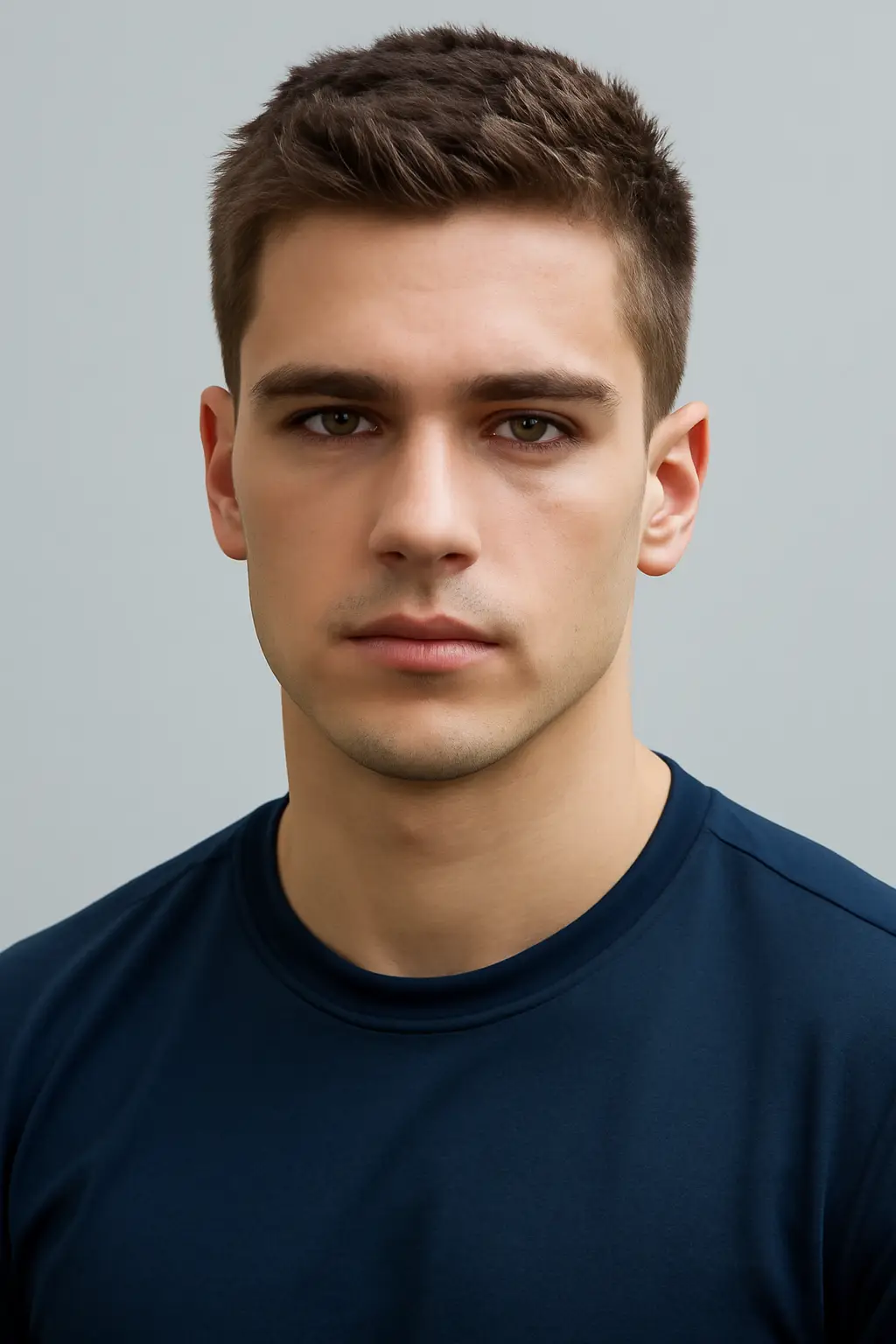 With a classic crew cut, this clean, low-maintenance hairstyle gives him a disciplined look.