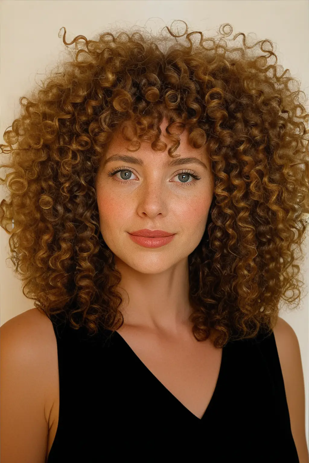 Natural, voluminous big curls, creating an overall afro effect.