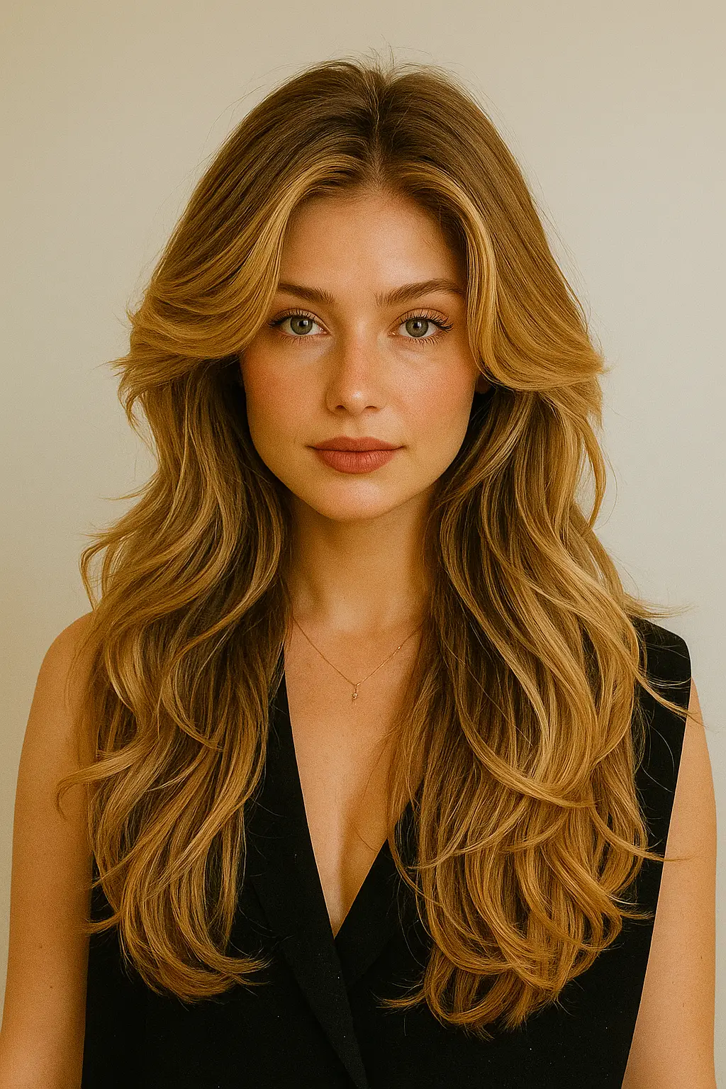 Airy curtain bangs combined with long layers, offering a soft, feminine look that flatters the face shape.