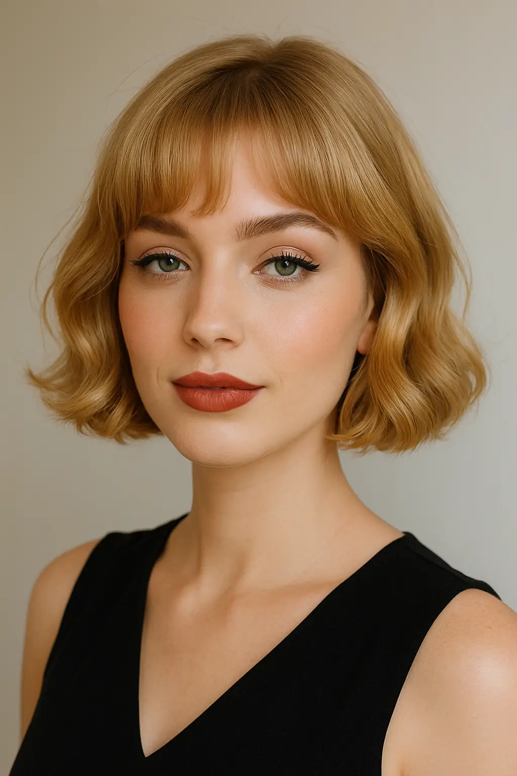Slightly wavy short bob with air bangs, giving a vintage and delicate look.