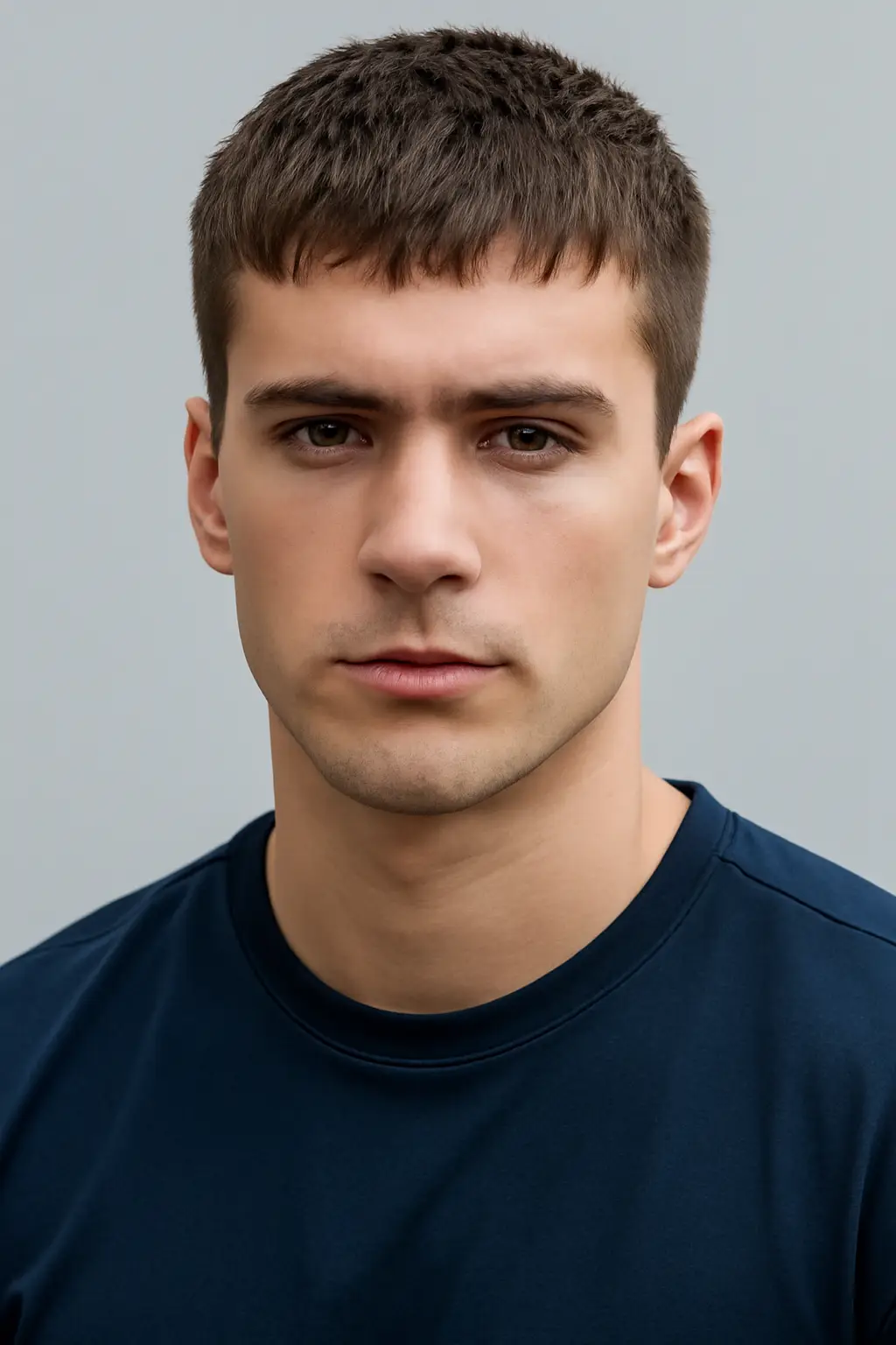 The French crop is bold and edgy, with short sides and a blunt fringe.