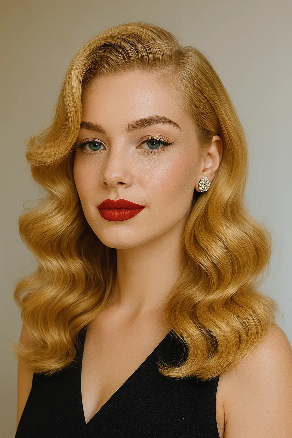 Retro large waves with a side part, paired with red lips for an elegant, glamorous look.