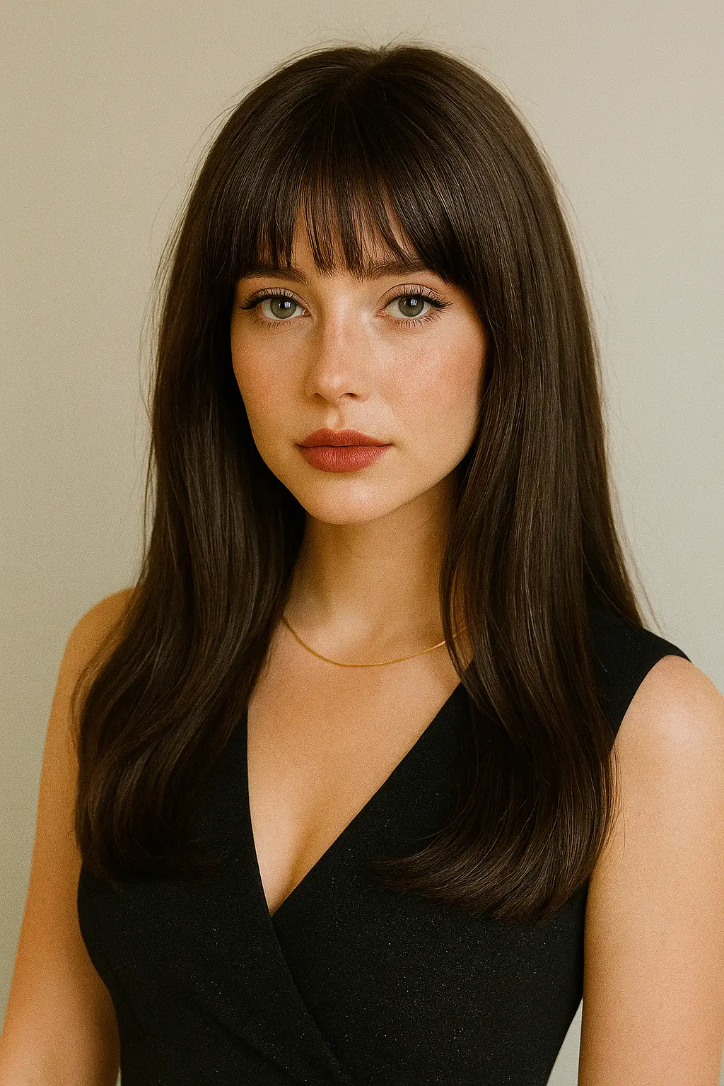 Long, straight hair with thick bangs, a youthful, playful style.
