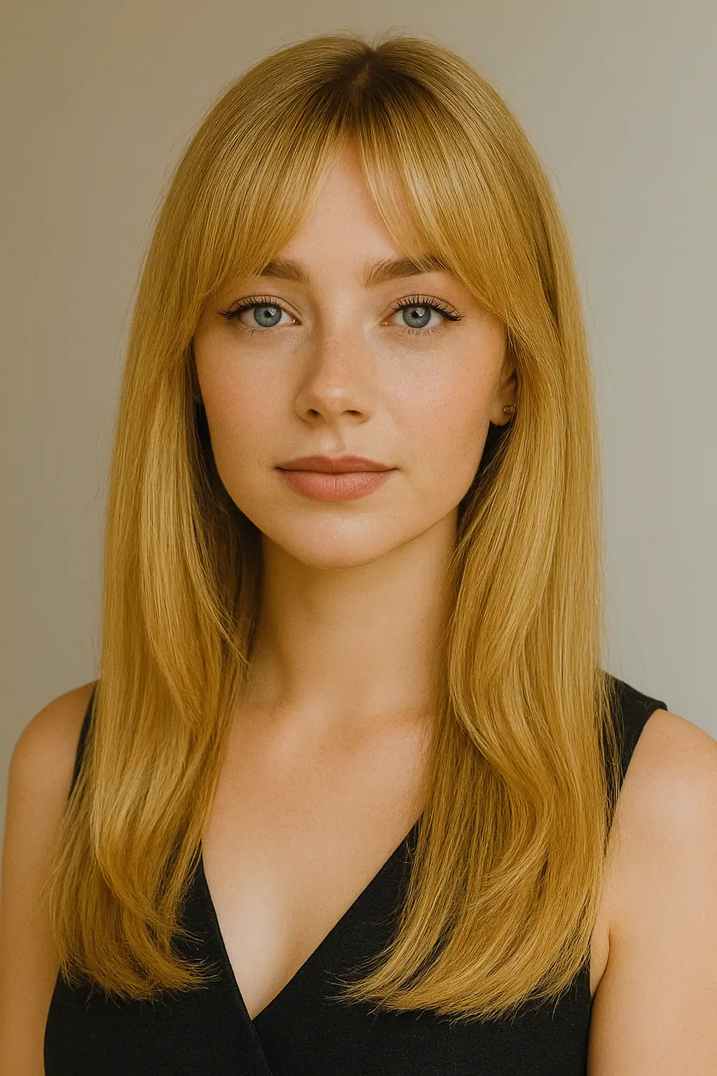 Curtain bangs paired with long, straight hair, creating a sweet yet slightly mature appearance.