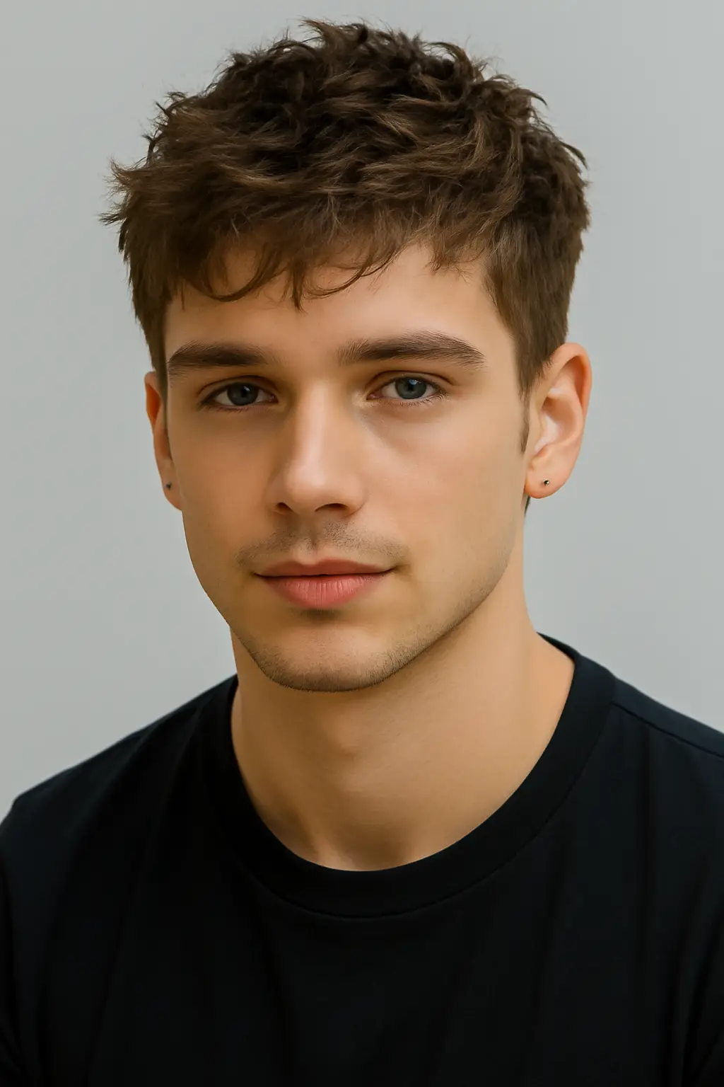 A man with a messy textured crop, featuring tousled hair with volume and texture.