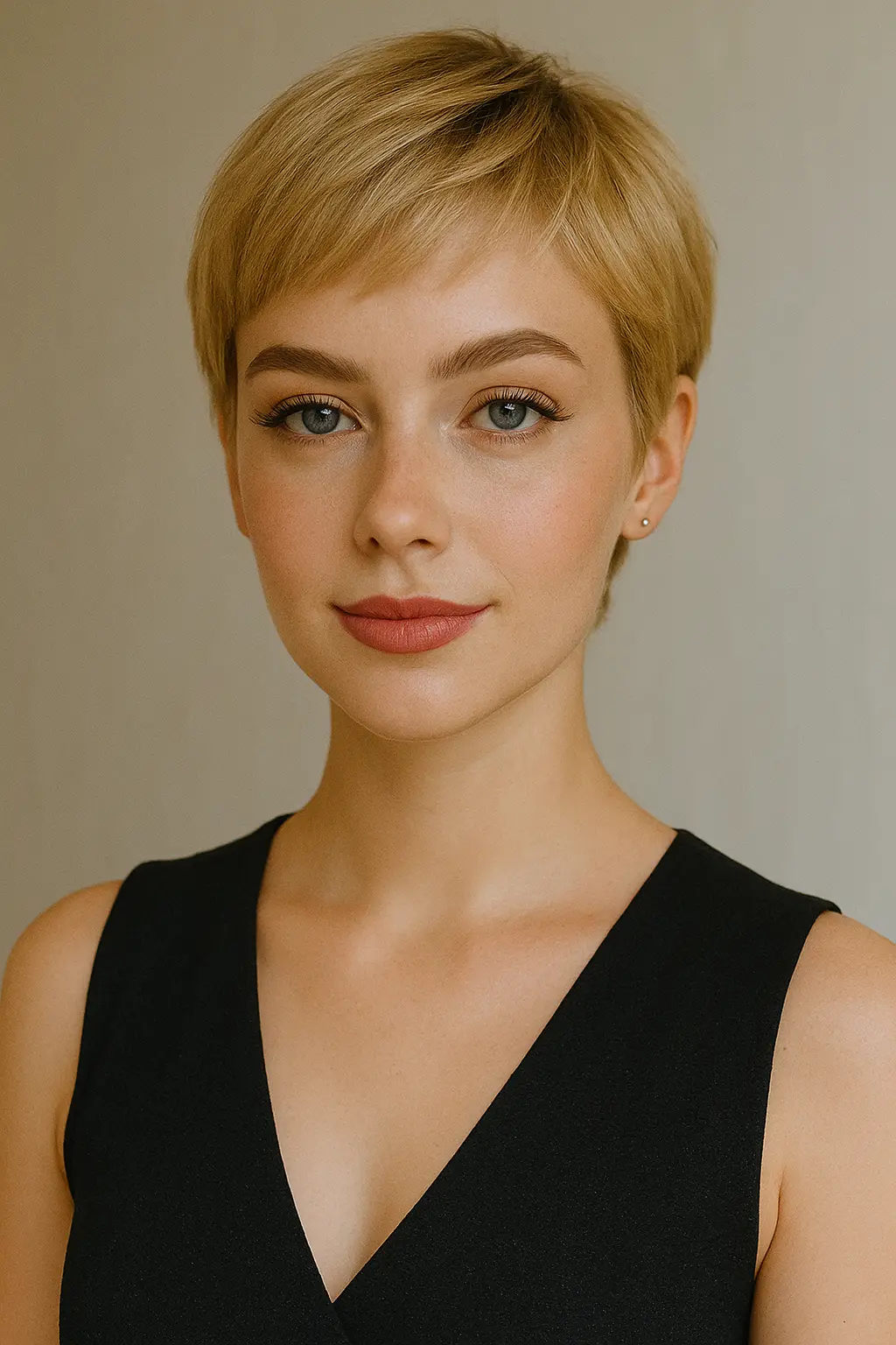 A playful short cut that hugs the scalp, highlighting delicate facial features.