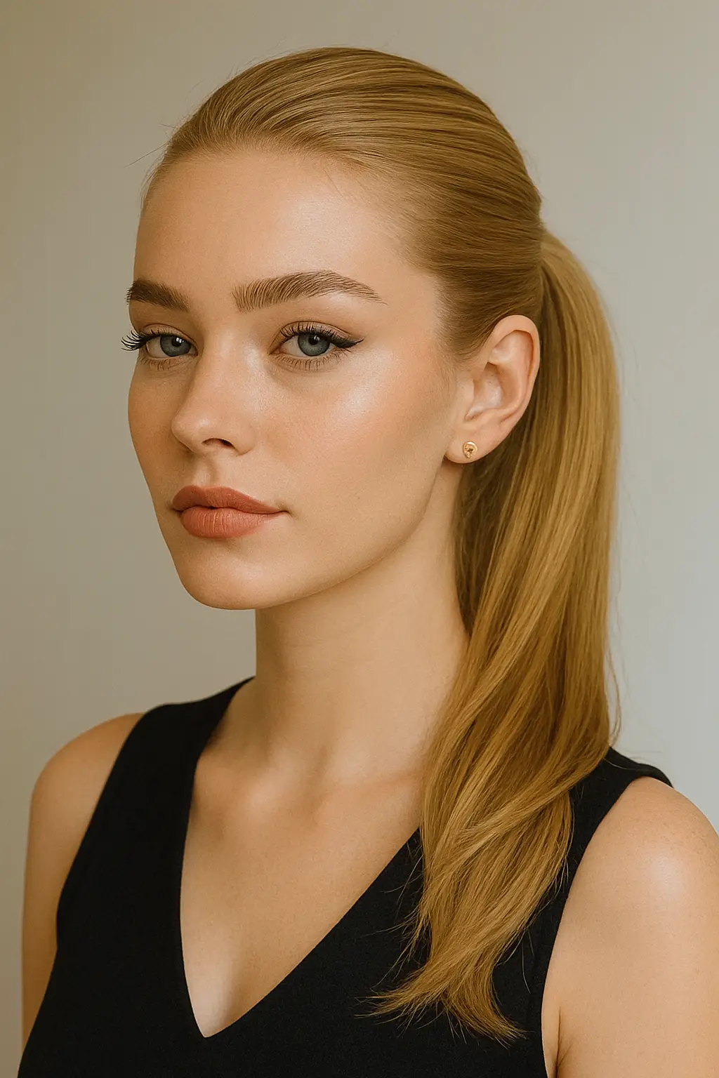 A smooth high ponytail, neat and professional, accentuating the face shape.