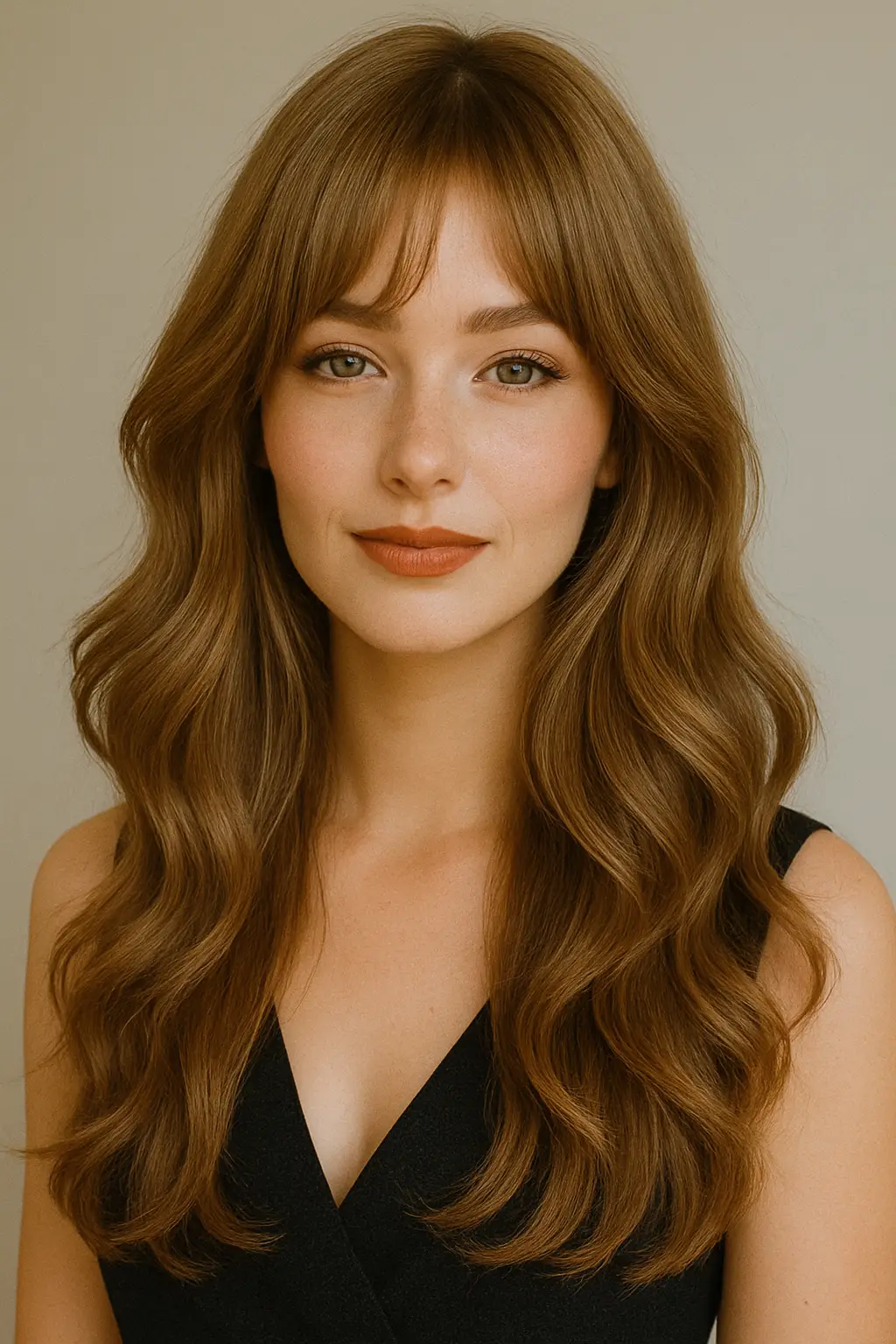 Long, wavy hair paired with light, wispy bangs, offering a sweet, elegant, and romantic feel.