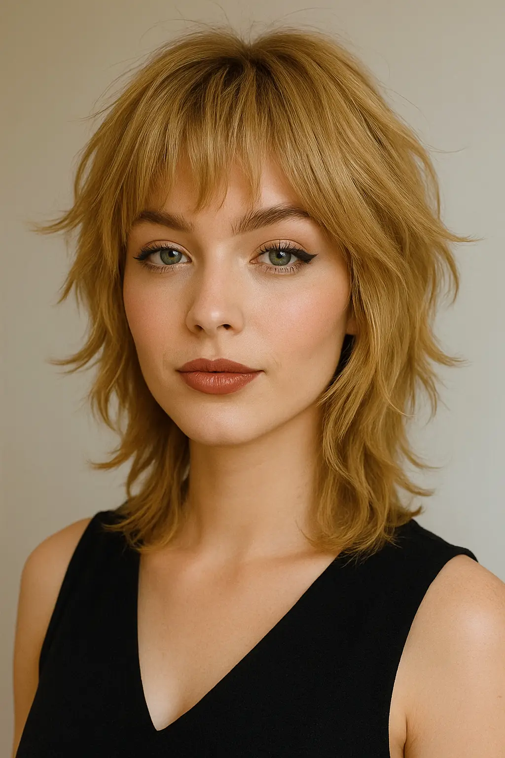 A textured, layered medium-length cut with choppy bangs.