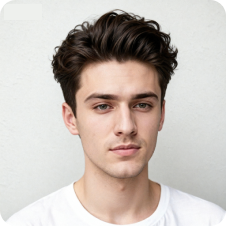 Man with morgan perm with side parting for high forehead, used as a template for hair swap.