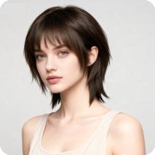 Woman with mullet head and wolf tail perm, used as a template for hair swap.