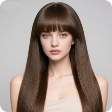 Woman with princess cut long straight hair, used as a template for hair swap.