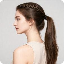 Woman with side braid, used as a template for hair swap.