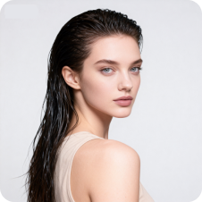 Woman with wet slicked back hair, used as a template for hair swap.