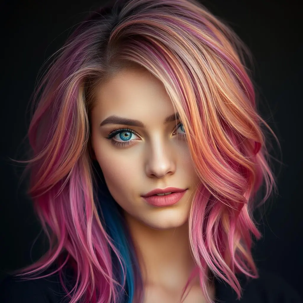 AI Hair Swapper Cambia el color del cabello de la mujer a rosa, haz más volumen para su cabello.