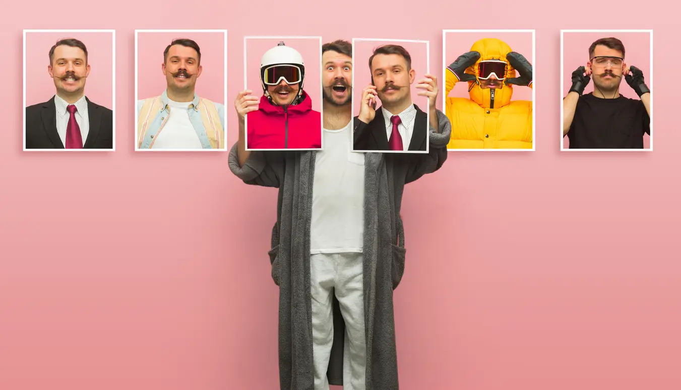 A man using the AI clothes changer, showing multiple styles of clothing, displaying different outfits and accessories.