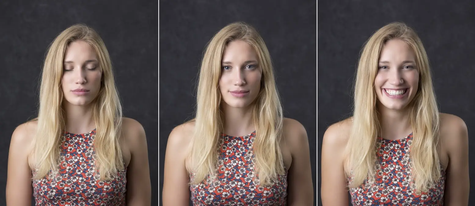 A woman with two different expressions, eyes closed and eyes open, using AI technology to open her eyes.
