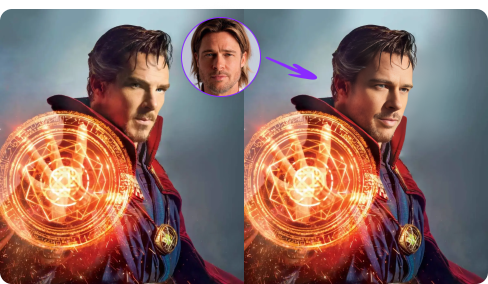 Comparison between the original Doctor Strange and the face-swapped version.