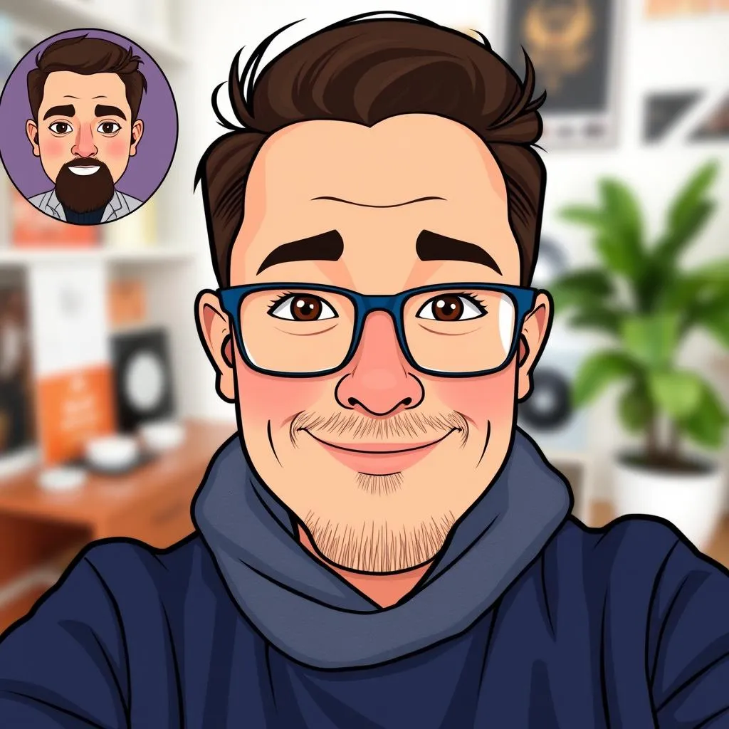 Sube la selfie del hombre al fabricante de avatar y procesa para crear un avatar de estilo de dibujos animados con una personalidad distintiva.