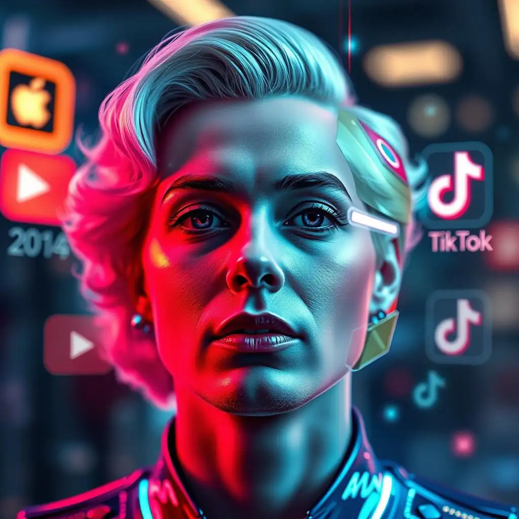 Gezichten ruilen met Marilyn Monroe met kort wit haar, sociale media -iconen zoals YouTube en Tiktok schijnen achter.