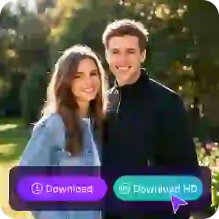 Photo d'un couple avec un bouton violet « télécharger » et un bouton vert « télécharger HD », utilisée comme matériel dans un tutoriel de remplacement de visages multiples.