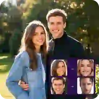 Photo d'un couple avec un autocollant montrant le processus de remplacement multiple de visages, utilisé comme matériel dans un tutoriel sur le remplacement multiple de visages.