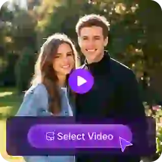 Photo d'un couple avec un bouton de lecture violet superposé et un bouton « sélectionner une vidéo », utilisée comme matériau dans un tutoriel de remplacement de visages multiples.