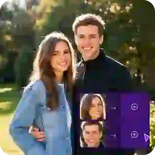 Photo d'un couple avec un autocollant montrant un bouton permettant d'échanger plusieurs visages, utilisé comme support dans un tutoriel sur l'échange multiple de visages.
