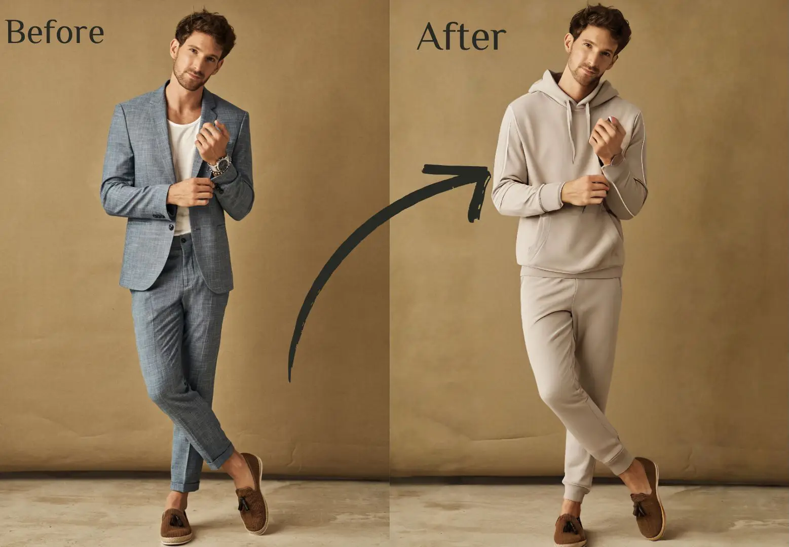 The AI clothes changer quickly swapped clothes for the male model wearing a suit, and he’s now naturally dressed in casual sportswear.