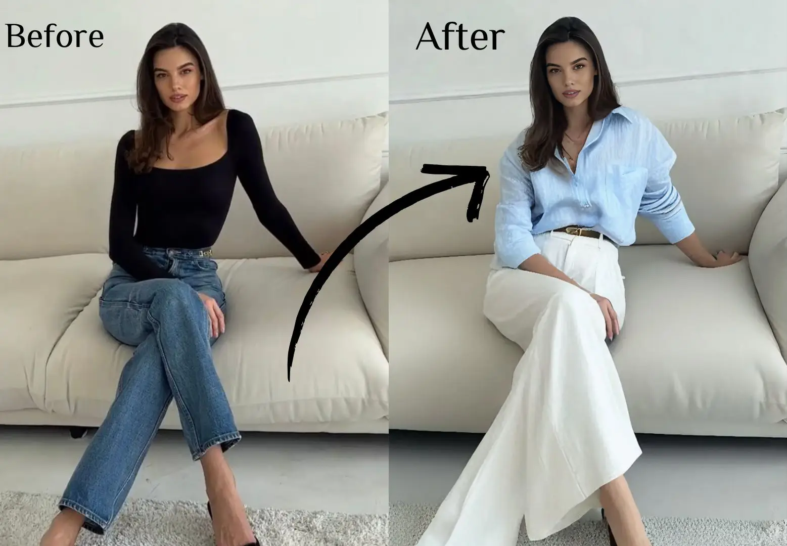 A fashion blogger on social media used the clothes swap AI to alter the top of the image. After the clothing swap, she’s wearing white pants paired with a light blue shirt.