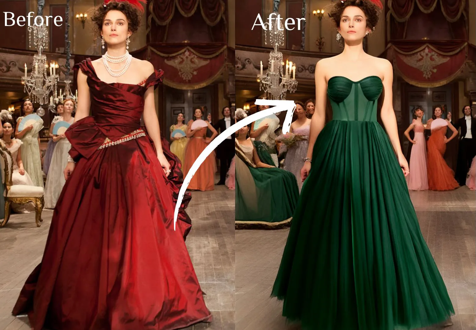 After using the AI clothes changer, the main character from the movie Anna Karenina naturally swapped her red royal gown for a green vintage fishbone dress.