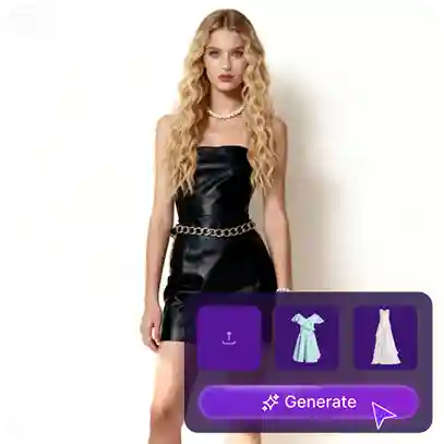 Modelfoto van een vrouw met blonde wollen krullen in een zwarte jurk, met een sticker die het kledingruilproces weergeeft, gebruikt als materiaal in de kledingruil-tutorial.